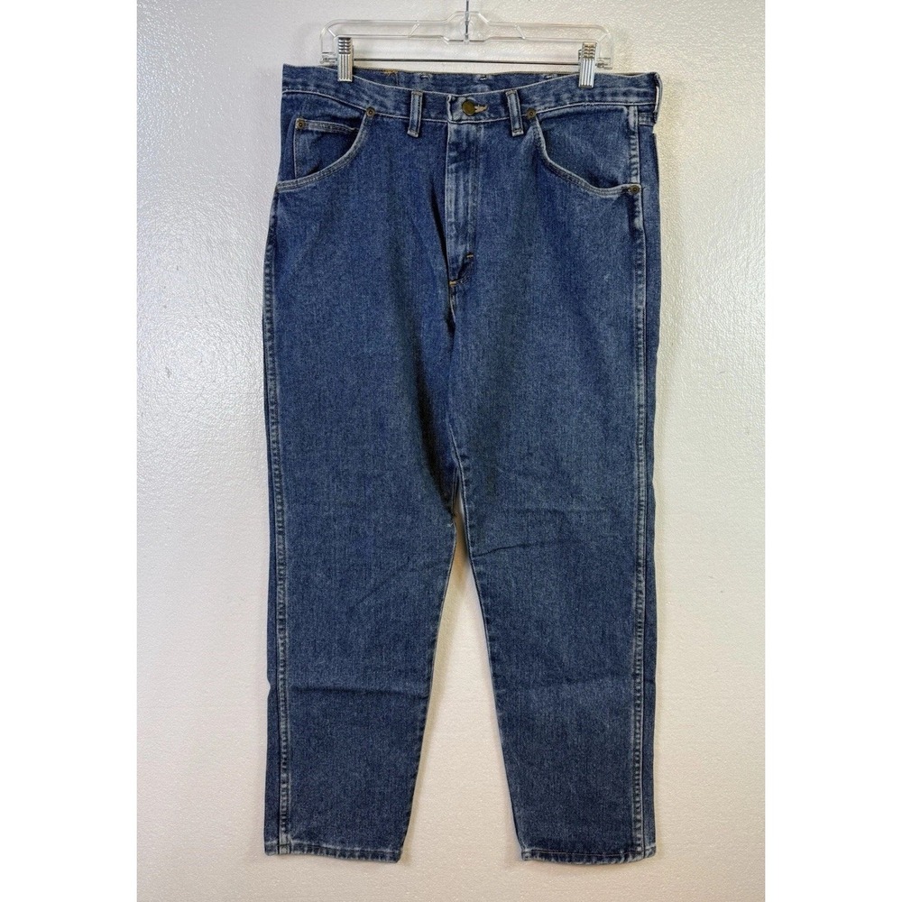 Wrangler Premium Jeans Mens Sz 36 X 30 Blue Denim Straight Cowboy Rodeo Made USA